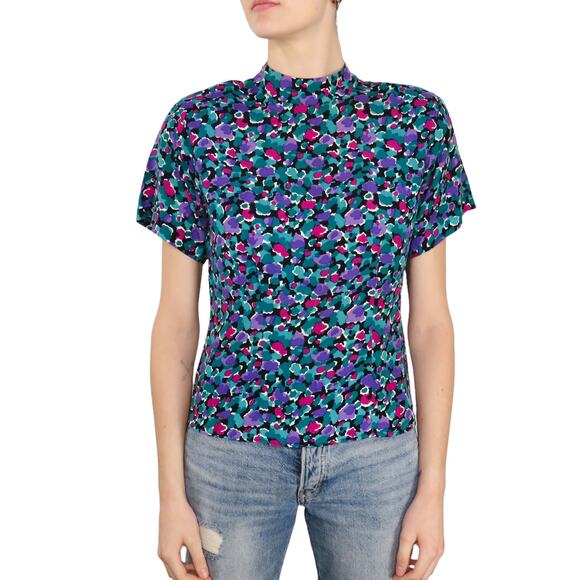 1980s Vintage Blue Purple Floral Blouse Casual Blouse Medium Retro - Picture 1 of 5